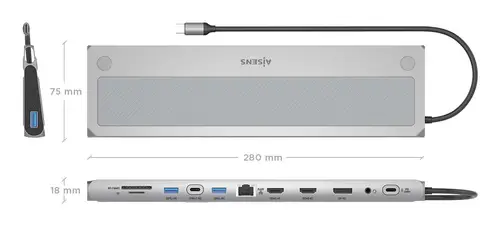 USB-C Dock 12 en 1, USB-C a 2xHDMI, 1xDisplayPort, 1xRJ45, 3xUSB-A, 1xUSB-C, 1xUSB-C PD, 1xSD, 1xMicro SD, 1xAudio, Gris, 30cm - Imagen 4