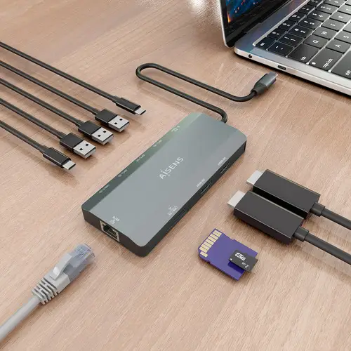 USB-C Dock 12 en 1, USB-C A 2xHDMI, 1xRJ45, 3xUSB-A, 1xUSB-C, 1xUSB-C PD, 1xSD, 1xMicro SD, Gris, 20cm - Imagen 6