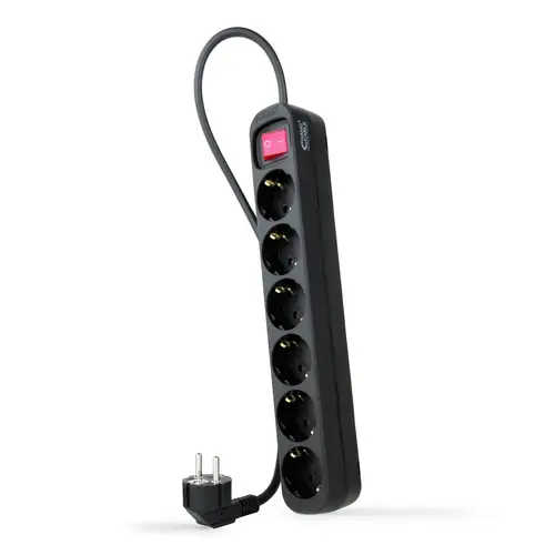 Regleta de enchufes de 6 tomas con interruptor, 1.4 metros Negra - Imagen 1