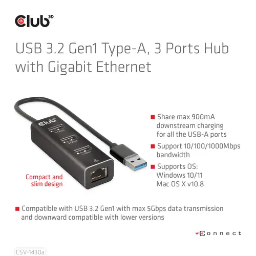 USB 3.2 Gen1 Tipo-A, Hub de 3 Puertos con Gigabit Ethernet - Imagen 5