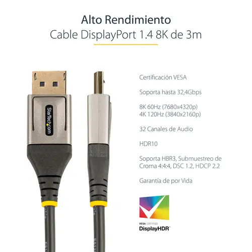 Cable de 3m DisplayPort 1.4 Certificado VESA - 8K de 60Hz HDR10 - Vídeo Ultra HD 4K de 120Hz - Cable DP 1.4 - para Monitores o Pantallas - Cable DisplayPort a DisplayPort - M/M - Imagen 7