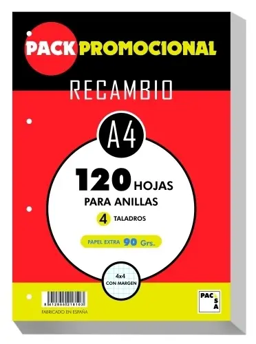 PACSA RECAMBIO 4 TALADROS 120 HOJAS 90 GR 4X4 A4
