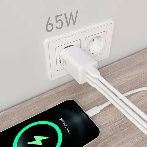 Cargador Gan 65W, 2xUSB-C PD3.0 QC4.0, 1xUSB-A QC3.0, Blanco - Imagen 4