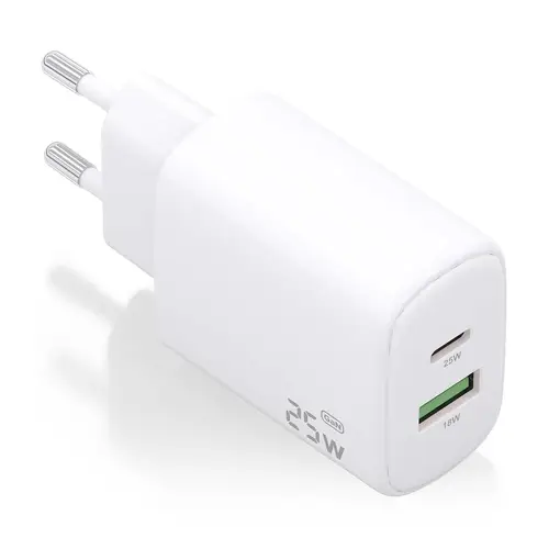 Cargador GaN 25W, 1xUSB-C PD3.0, 1xUSB-A QC3.0, Blanco - Imagen 1