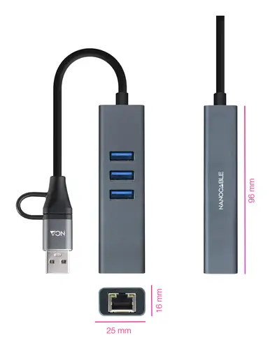 Conversor USB-C+USB-A/M 3.0 a Ethernet + 3xUSB-A 3.0, Aluminio, Gris, 15 cm - Imagen 2