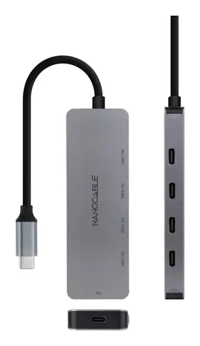 Hub USB-C macho a 4 x USB-C hembra + USB-C PD 100W, Aluminio 10 cm, Gris - Imagen 2