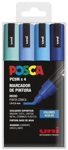 UNIBALL MARCADOR POSCA PC-5M/4C NO PERMANENTE 1.8MM-2.5MM COLORES SURTIDOS AZULES -ESTUCHE 4U-