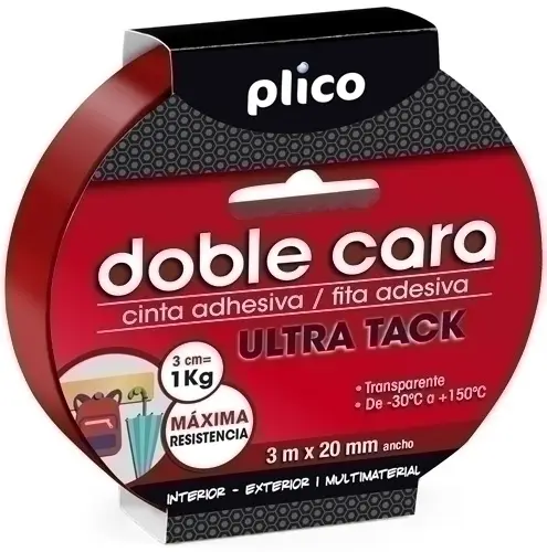 PLICO CINTA ADHESIVA TRANSPARENTE DOBLE CARA ULTRA TACK MULTIMATERIALES ROLLO 20MM X 3M - Imagen 1