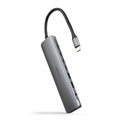 Hub USB-C 8 en 1, Conversor USB-C 3.1 a 2xUSB-A 3.0 + 3xUSB-C 3.0 + USB-C PD + HDMI 4K@60Hz + Audio Jack 3.5, Aluminio, Gris, 18 cm - Imagen 1