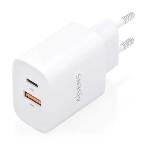 Cargador GaN 30W, 1xUSB-C PD3.0 QC4.0, 1xUSB-A QC3.0, Blanco - Imagen 2