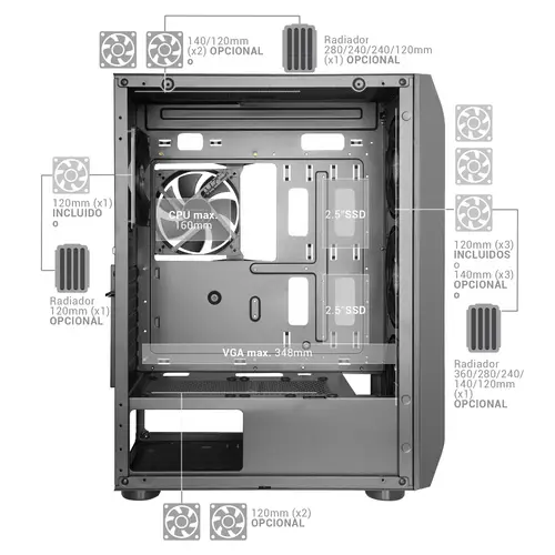 MC-PRO2, Torre Profesional E-ATX, Sistema CPU Freezer, 5 Ventiladores Ultra-silenciosos y Frontal Metal-Mesh, Color Negro - Imagen 6