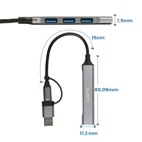 EW1154 hub de interfaz USB 3.2 Gen 1 (3.1 Gen 1) Type-A + Type-C Gris - Imagen 2