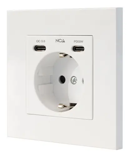 Base de enchufe de pared tipo schuko con 2 USB-C PD - Max. 3.4A, Blanco - Imagen 1
