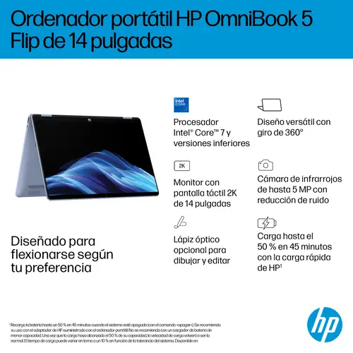 OmniBook 5 Flip 2-in-1 Laptop 14-fp0054ns Intel Core 5 120U 35,6 cm (14") Pantalla táctil 2K 16 GB LPDDR5-SDRAM 1 TB SSD Wi-Fi 6 (802.11ax) Windows 11 Home Azul - Imagen 9