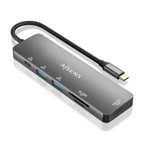 USB-C Dock 6 EN 1, USB-C a 1xHDMI, 2xUSB-A, 1xUSB-C PD 100W, 1xSD, 1xMicro SD, Gris, 15cm - Imagen 1