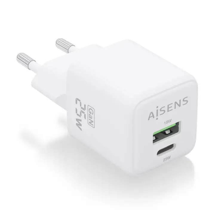 Cargador GaN 25W, 1xUSB-C PD3.0 QC4.0, 1xUSB-A QC3.0, Blanco
