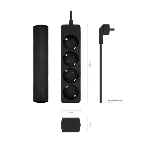 Base Multiple 4 Tomas Sin Interruptor Con Cable 3x1.5mm2, Negro, 1.4m - Imagen 3