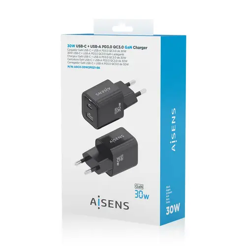 Cargador Gan 30W, 1xUSB-C PD3.0 QC4.0, 1xUSB-A QC3.0, Negro - Imagen 6