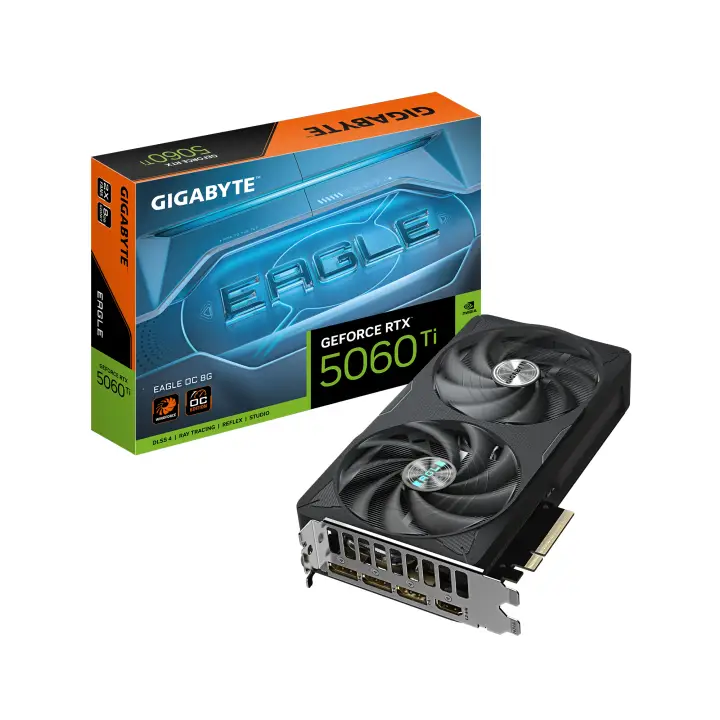 GeForce RTX 5060 Ti EAGLE OC 8G Tarjeta Gráfica  8 GB GDDR7, 128 bits, PCI-E 5.0, 2617 MHz Frecuencia del núcleo, 3 x DisplayPort, 1 x HDMI, GV-N506TEAGLE OC-8GD