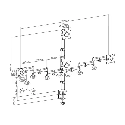 Soporte de Mesa Eco Giratorio e Inclinable para 4 Monitores 8kg (4 Pivotes, 2 Brazos) de 13"-27", Negro - Imagen 7