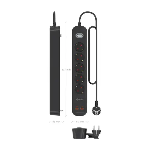 Regleta de Enchufes Multifuncion con 5 Tomas + Cargador PD3.0 20W 2xUSB-C, 2xUSB-A, 1.4m, Negro - Imagen 4