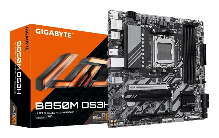 B850M DS3H Placa Base - Procesadores AMD Ryzen Serie 9000, 16+2+2 fases VRM digitales, hasta 8200MHz DDR5 (OC), 1xPCIe 5.0 + 1xPCIe 4.0 M.2, LAN 2.5, USB 3.2 Gen 2
