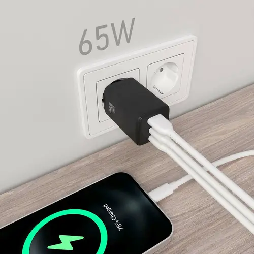 Cargador Gan 65W, 2xUSB-C PD3.0 QC4.0, 1xUSB-A QC3.0, Negro - Imagen 4