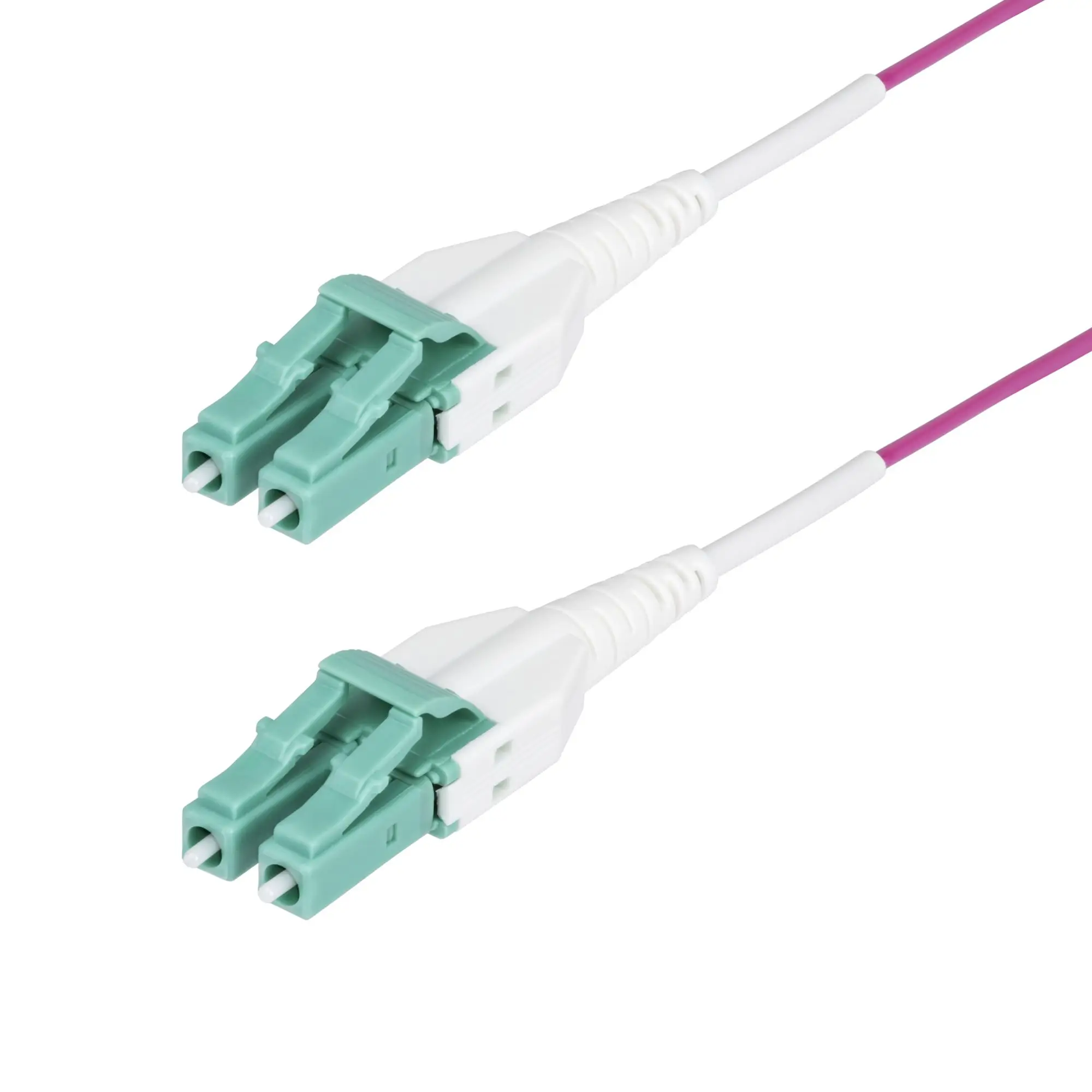 Cable de Fibra Óptica Multimodo OM4 LC a LC UPC de 40m - 50/125µm - 40G/100G - Violeta Érica - LOMMF/VCSE - Cable Uniboot de Fibra - Clasificación Riser OFNR