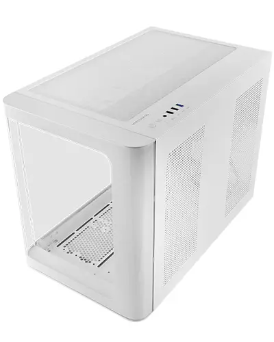 MC-FUSIONM, Caja Gaming Micro-ATX, Ventana Lateral y Frontal Curvo de Cristal Templado Continuo, Minitorre PC Doble Cámara, Soporte Refrigeración Líquida, Espacio Interno Optimizado, Blanco - Imagen 1