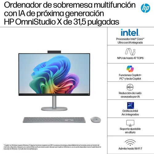 OmniStudio X All-in-One Desktop Next Gen AI 32-c1010ns PC Copilot+ PC Intel Core Ultra 7 258V 80 cm (31.5") 3840 x 2160 Pixeles PC todo en uno 32 GB LPDDR5x-SDRAM 1 TB SSD Windows 11 Home Wi-Fi 7 (802.11be) Plata - Imagen 3