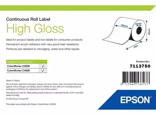 High Gloss Label - Continuous Roll: 102mm x 33m