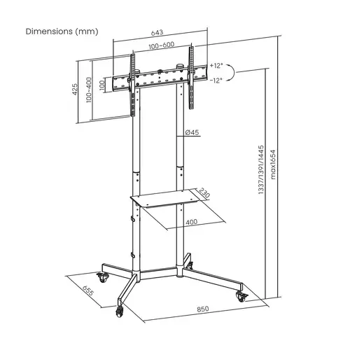 Soporte De Suelo Eco Con Rueda, Bandeja Para DVD Para Monitor/TV 45kg De 37-70, Negro - Imagen 7