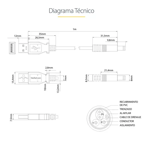 Cable Adaptador 1m USB A Macho a Conector Coaxial Barrel Alimentación Corriente Tipo N 5,5mm 5V DC - Imagen 5