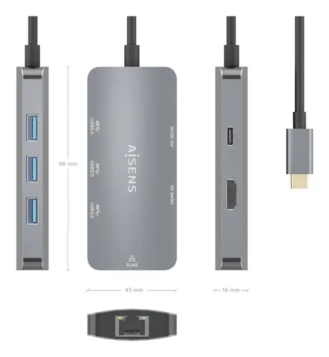 USB-C Dock 6 En 1, USB-C a 1xHDMI, 1xRJ45, 3xUSB-A, 1xUSB-C PD, Gris, 15cm - Imagen 4