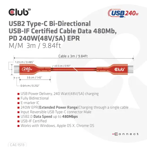 Cable certificado USB2 tipo C bidireccional USB-IF Datos 480 Mb, PD 240 W (48 V/5 A) EPR M/M 3 m/9,84 pies - Imagen 8