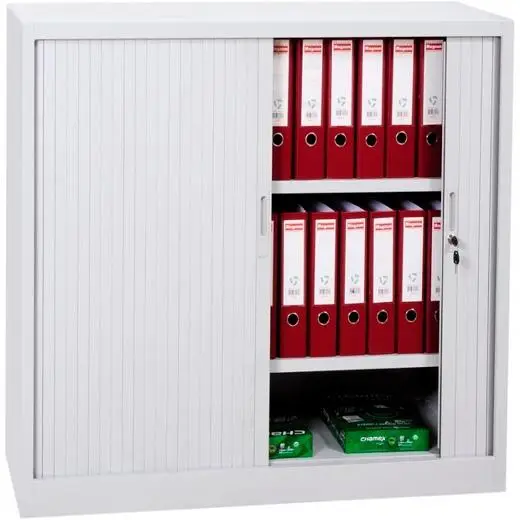 ARMARIO METÁLICO DOS PUERTAS PERSIANA CORREDERAS 105X102X45 CM (ANCHO X FONDO X ALTO) INCLUYE 2 BALDAS ACABADO EN GRIS. (MONTADO)