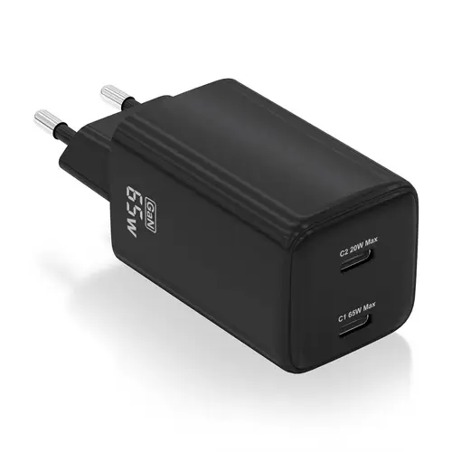 Cargador Gan 65W, 2xUSB-C PD3.0 QD4.0, Negro - Imagen 1