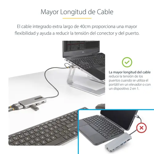 Adaptador Multipuertos USB-C - HDMI Doble (4K30Hz/1080p60Hz) - Hub Ladrón 3x USB-A - Mini Docking Station de Viajes - Docking Station USB Tipo C con Cable Integrado de 40cm - Imagen 11