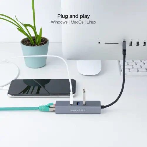 Conversor USB 3.0 a Ethernet Gigabit + 3XUSB 3.0, Aluminio, Gris, 15 cm - Imagen 4
