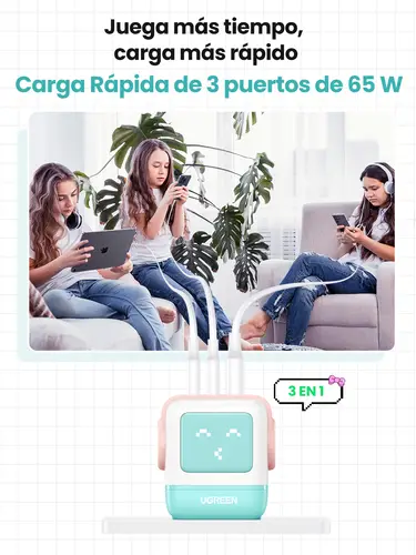 Uno RG 65W 3-Port GaN Fast Charger pink blue Ordenador portátil, Teléfono móvil, Portátil, Tableta, Teléfono Azul Corriente alterna Carga rápida Interior - Imagen 3