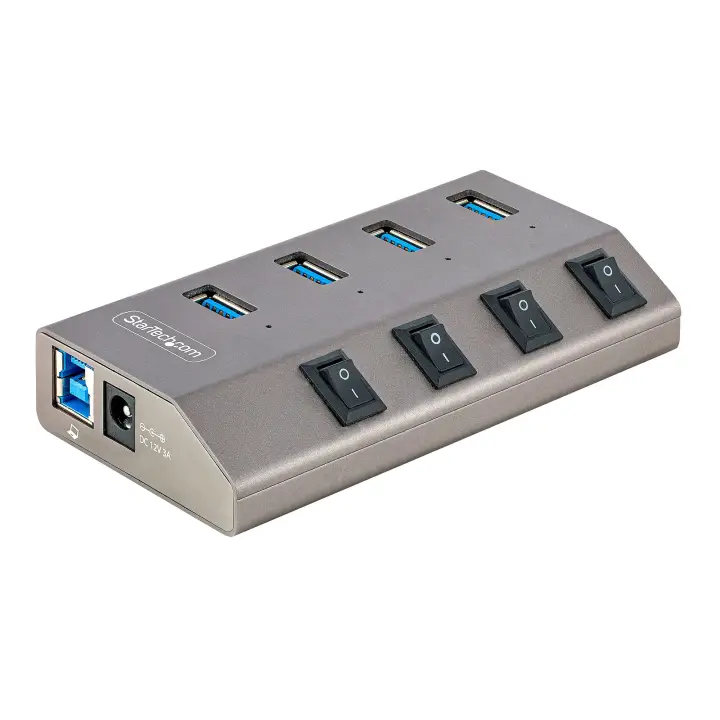 Hub USB-C Autoalimentado de 4 puertos con Interruptores Individuales - Concentrador USB 3.0 a 5 Gbps con Fuente de Alimentación - Ladrón USB Tipo C a USB-A - BC 1.2