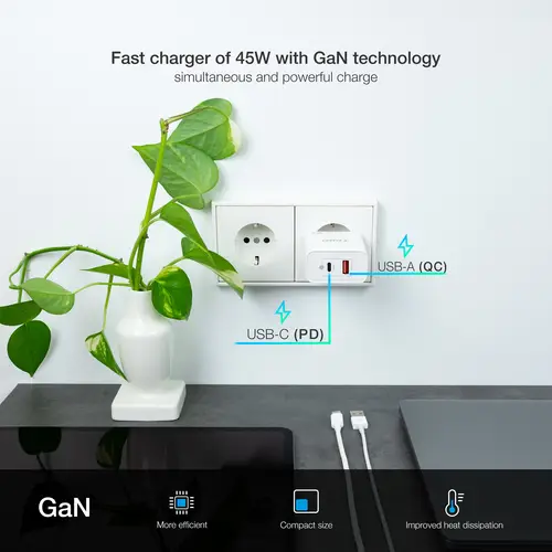 Cargador de Pared GaN USB-C/PD + USB-A/QC 45W, Blanco - Imagen 5