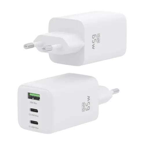Cargador Gan 65W, 2xUSB-C PD3.0 QC4.0, 1xUSB-A QC3.0, Blanco - Imagen 3