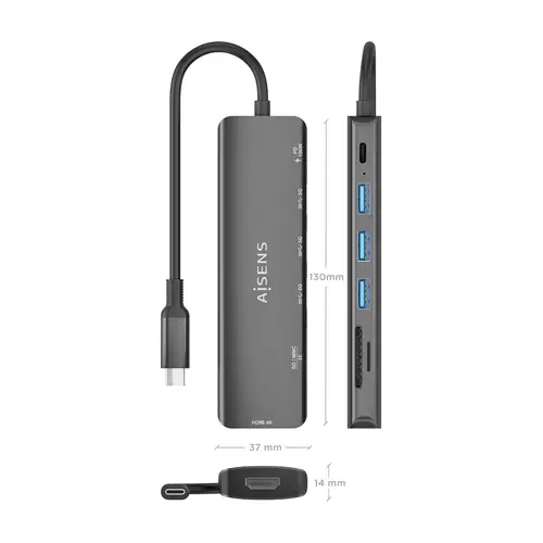 USB-C Dock 7 en 1, USB-C A, 1x HDMI, 3x USB-A, 1x USB-C PD 100W, 1x SD, 1x MicroSD, Gris, 15cm - Imagen 4