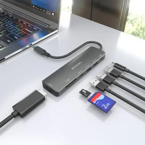 USB-C Dock 7 en 1, USB-C A, 1x HDMI, 2x USB-A, 1x USB-C, 1x USB-C PD 100W, 1x SD, 1x MicroSD, Gris, 15cm - Imagen 6