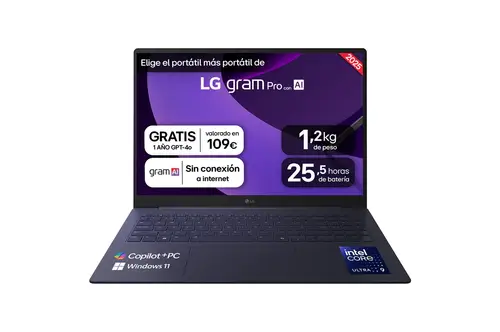 Gram Pro 16Z90TS-G.AU99B ordenador portatil Copilot+ PC Intel Core Ultra 9 288V Portátil 40,6 cm (16") 2.5K 32 GB LPDDR5x-SDRAM 1 TB SSD Wi-Fi 7 (802.11be) Windows 11 Home Gris - Imagen 1