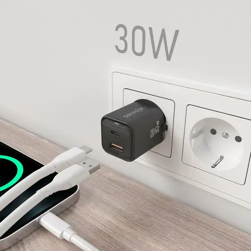 Cargador Gan 30W, 1xUSB-C PD3.0 QC4.0, 1xUSB-A QC3.0, Negro - Imagen 5