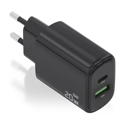 Cargador GaN 20W, 1xUSB-C PD3.0, 1xUSB-A QC3.0, Negro - Imagen 1