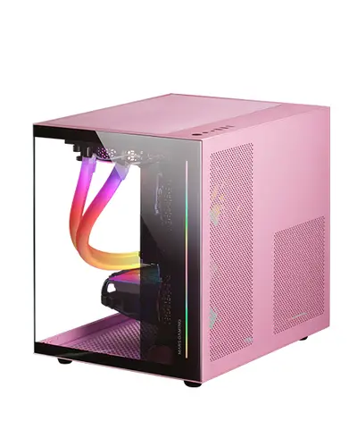 MC-VIEW Rosa, Caja Minitorre Gaming Micro-ATX, Cristal Templado 90° Sin Marco, Estructura Modular Doble Cámara, Soporte Completo para Refrigeración Líquida - Imagen 1