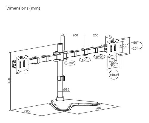 Soporte de Mesa Con Peana Eco Giratorio e Inclinable para Monitor/TV 20kg (3 Pivotes, 2 Brazos) de 17"-35", Negro - Imagen 7